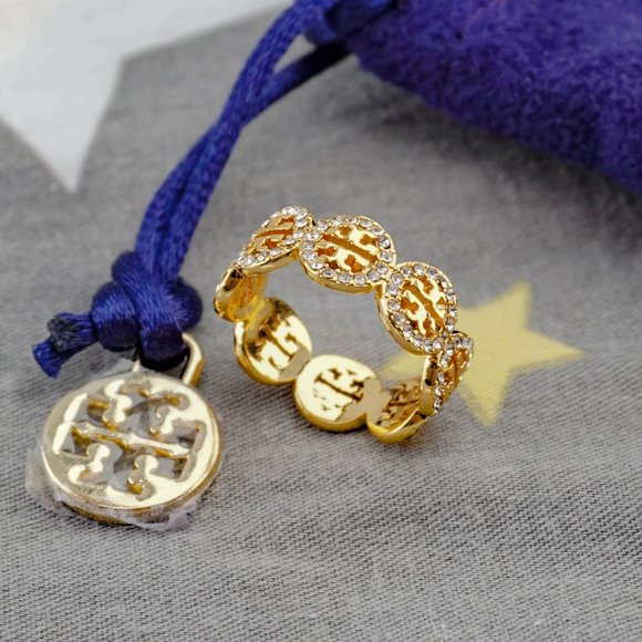 Tory Burch Jewelry - Tory Burch Miller Pavé Repeating Logo Ring in 18k Plated Tory Gold